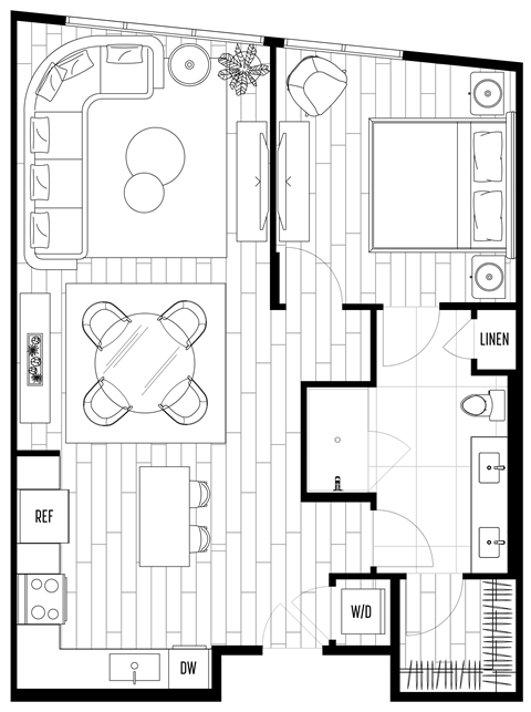 A black and white floor plan of a house with labeled rooms.